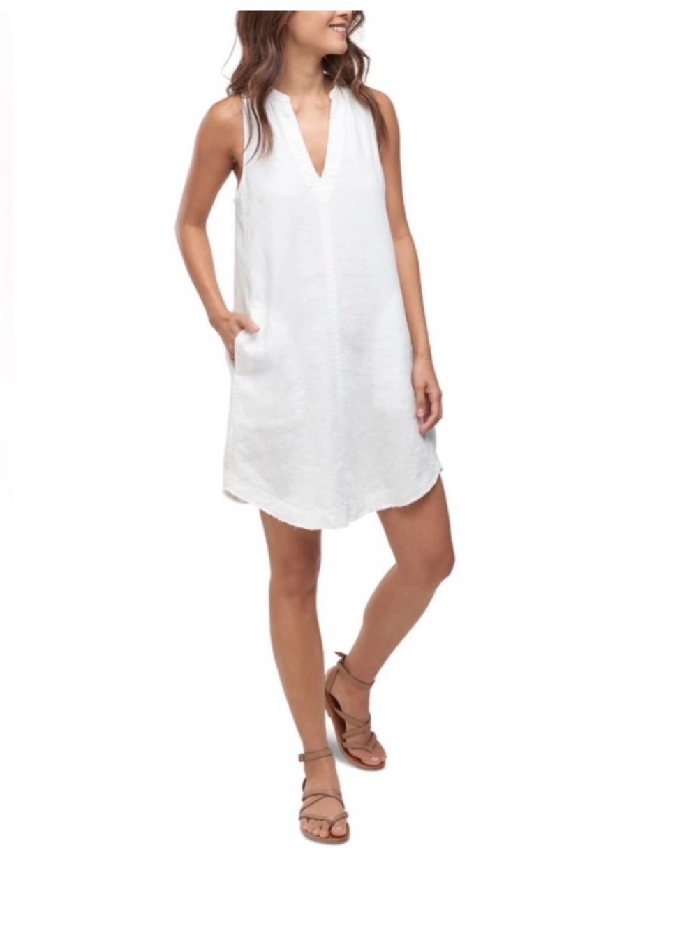 cloth & stone White Sleeveless Split-Neck Mini Dress with Pockets